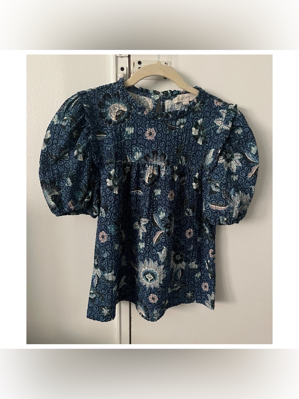 LOFT blue floral blouse with white and pink flowers size XS